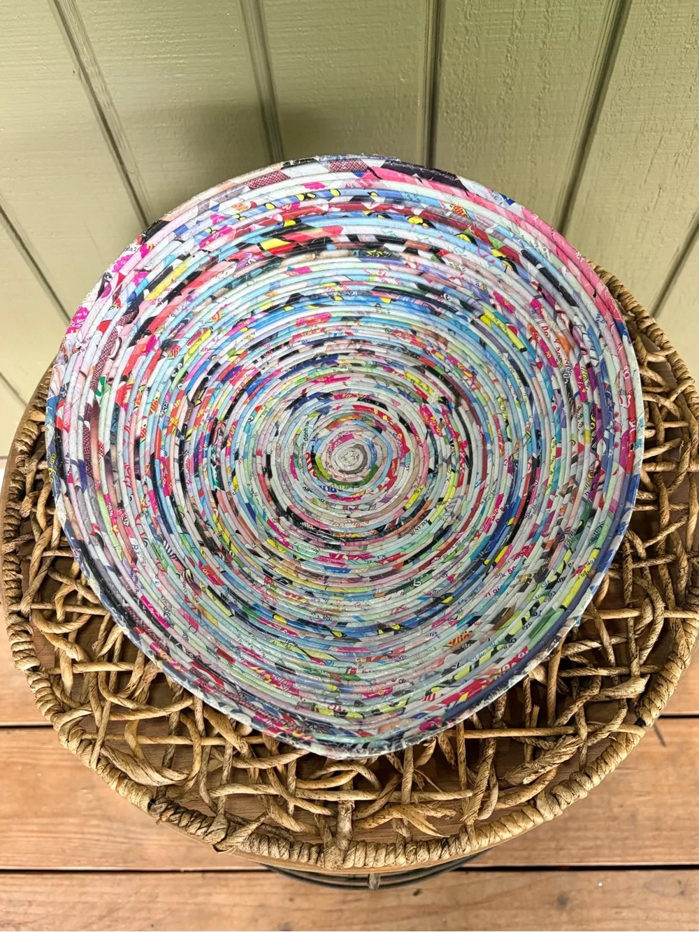 Handmade Recycled Magazine Paper Bowl Coiled Art Boho Decor 11.5